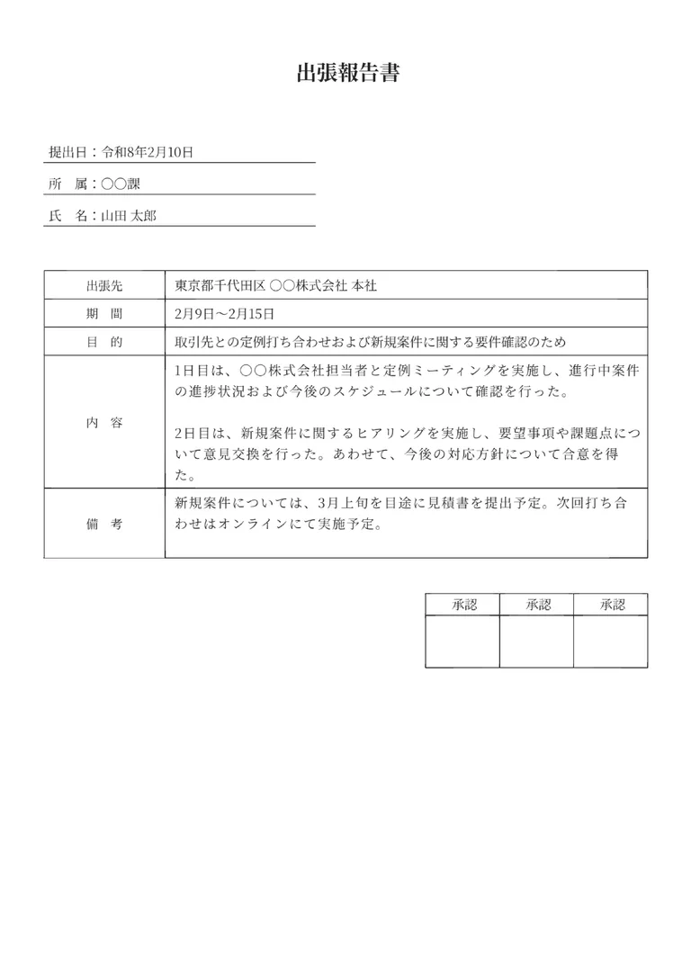 出張報告書のPDF作成ツール（基本・シンプル）のフォーマット見本