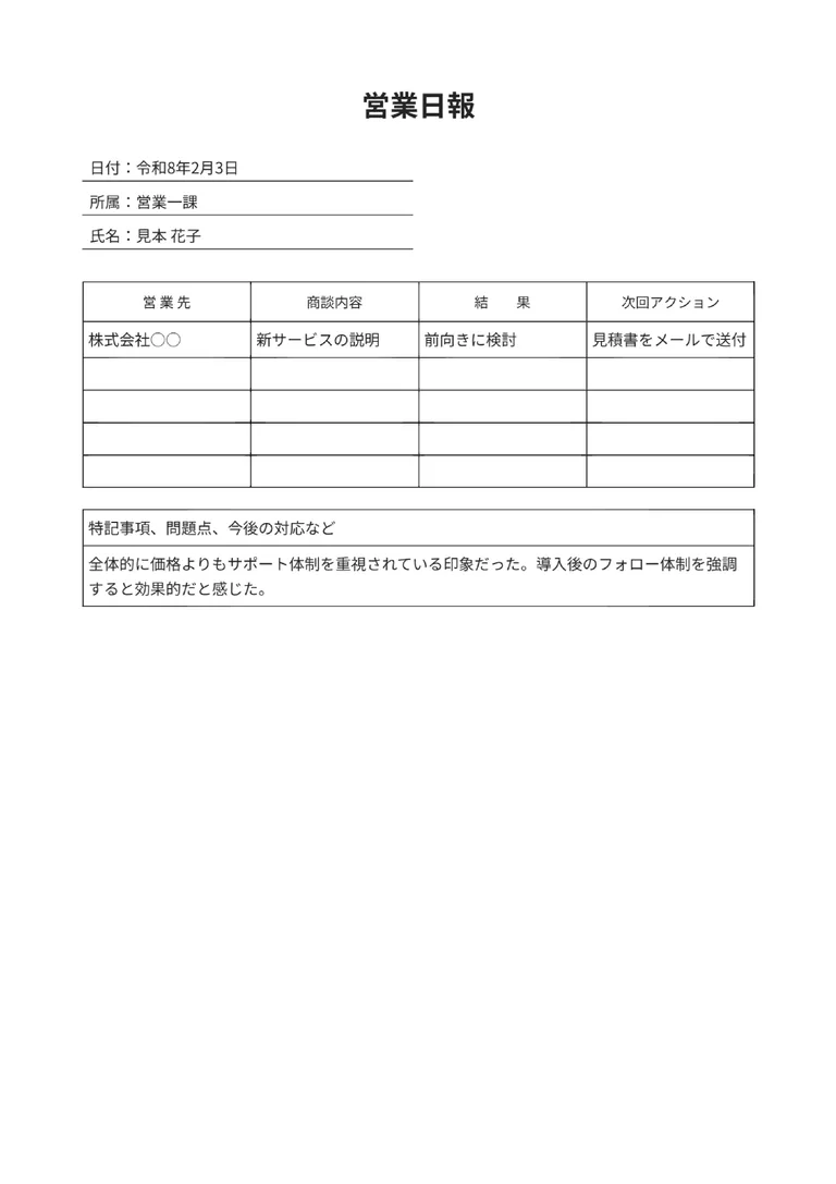 営業日報のPDF作成ツール（詳細版）のフォーマット見本