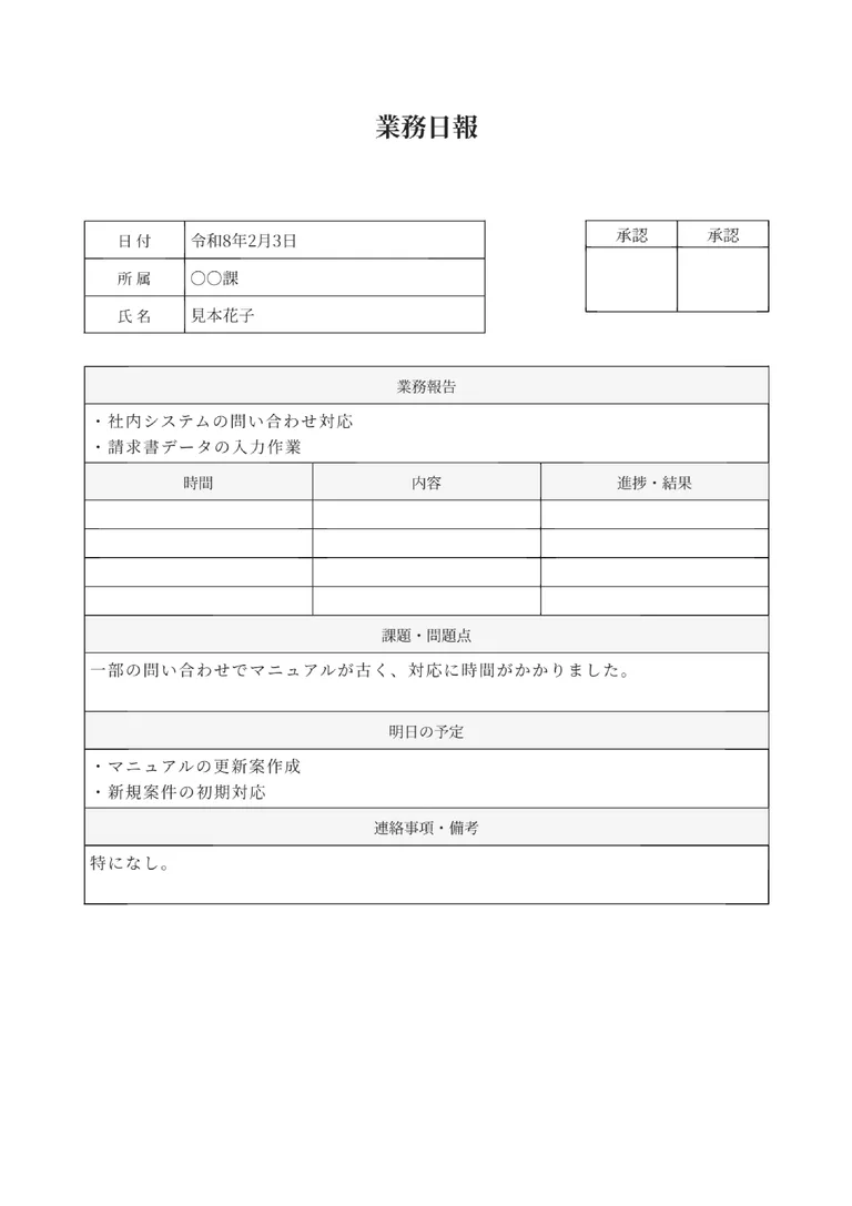 業務日報のPDF作成ツール（詳細）のフォーマット見本