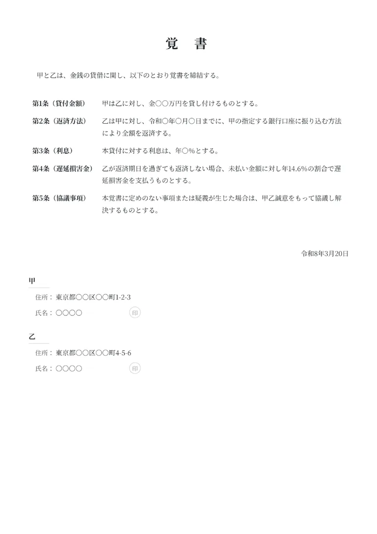 覚書のPDF作成ツール（個人向け）のフォーマット見本