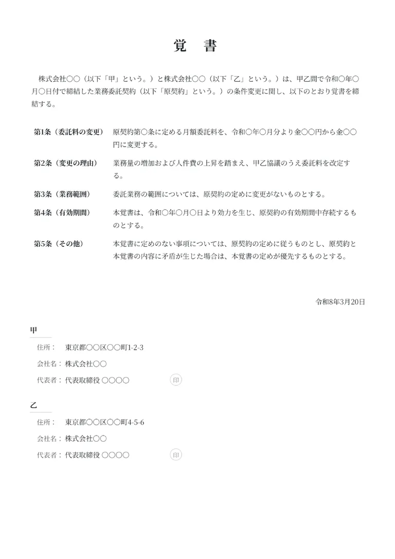 覚書のPDF作成ツール（法人向け）のフォーマット見本