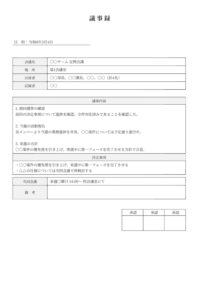 議事録のPDF作成ツール（基本・フリー形式）のフォーマット見本