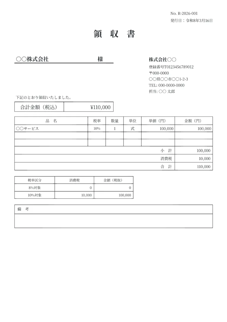 領収書（インボイス対応）のフォーマット見本