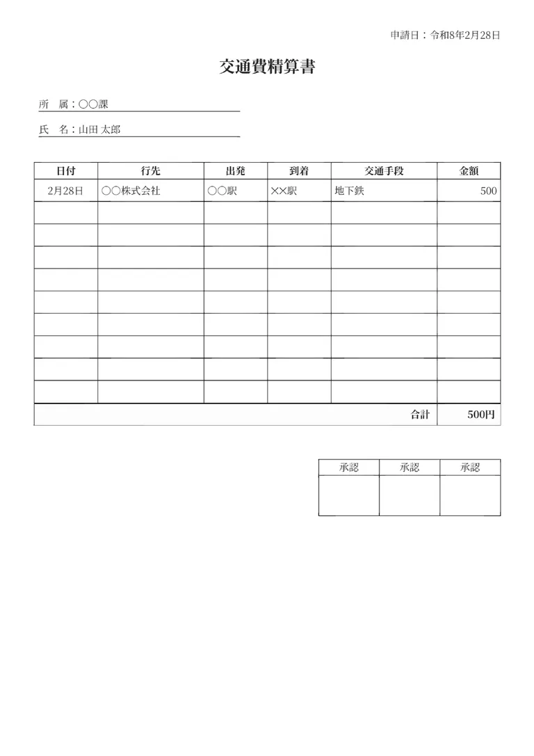交通費精算書のフォーマット見本（基本）