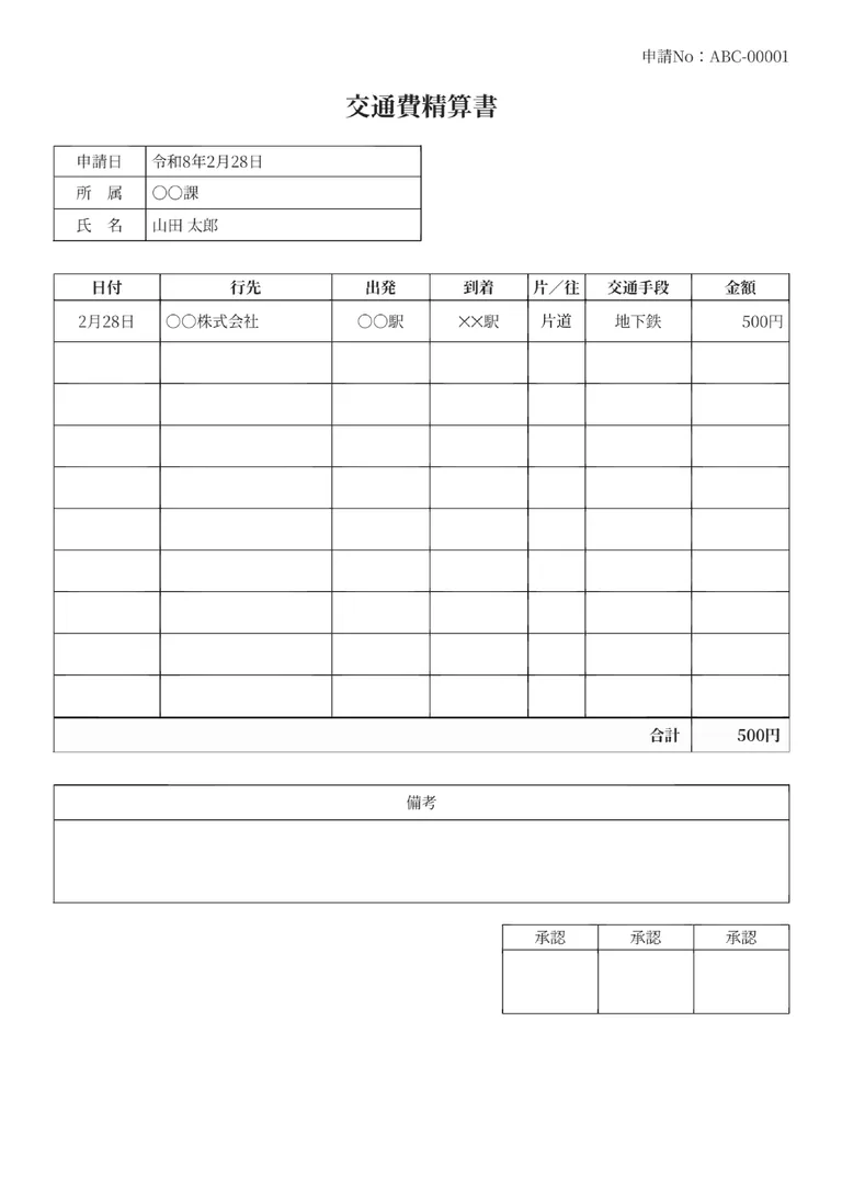 交通費精算書のフォーマット見本（詳細）