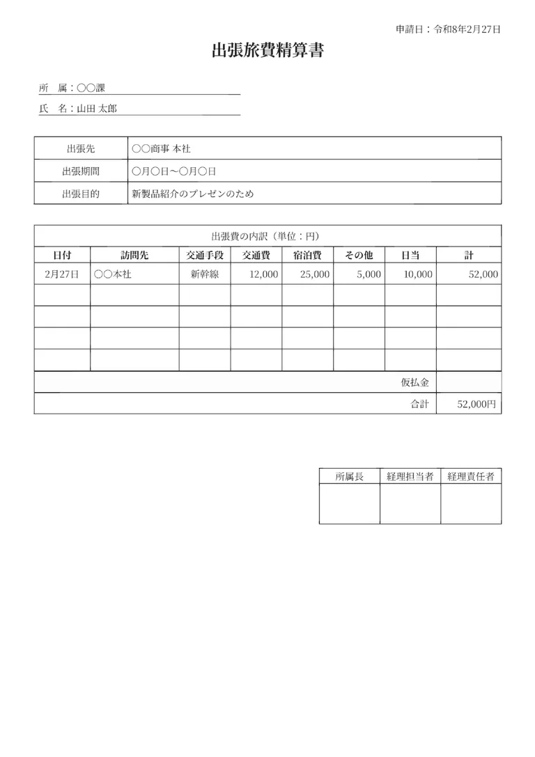 出張旅費精算書のフォーマット見本（基本・シンプル）