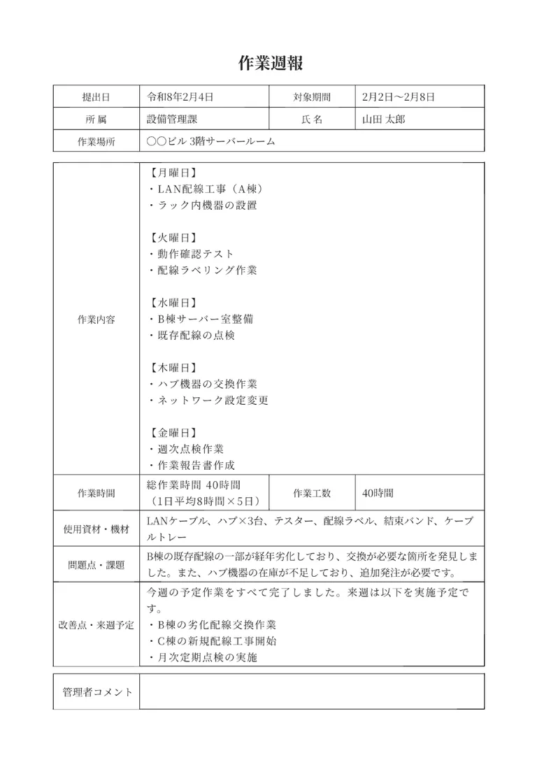 作業週報のPDF作成ツールのフォーマット見本