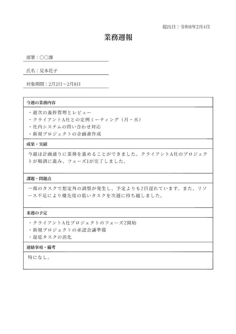 業務週報のPDF作成ツールのフォーマット見本