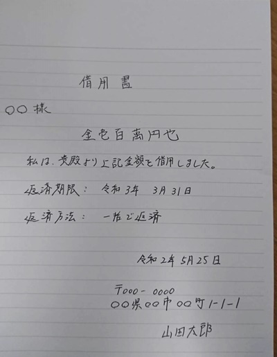 借用書の手書きのサンプル