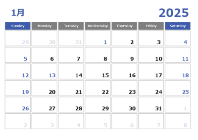 2025年エクセル月別カレンダー(01)無料ダウンロード