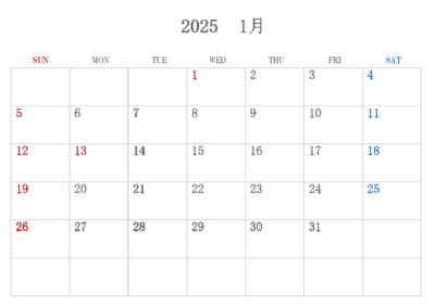 2025年エクセル月別カレンダー(06)無料テンプレート