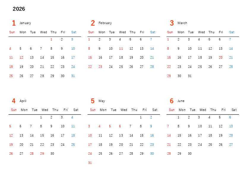 2026年 年間カレンダー（年間計画・プロジェクト向け）Excelテンプレートのプレビュー