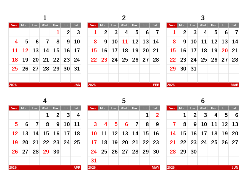 2026年 年間カレンダー（印刷向き・掲示/配布）Excelテンプレートのプレビュー
