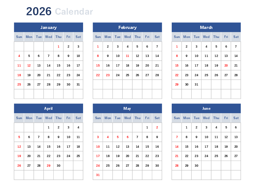 2026年 年間カレンダー（シンプル・年間の見通し）Excelテンプレートのプレビュー