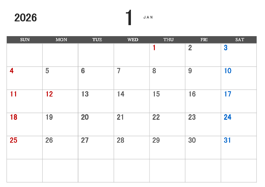 2026年 月別カレンダー（祝日強調・休日管理向き）Excelテンプレートのプレビュー