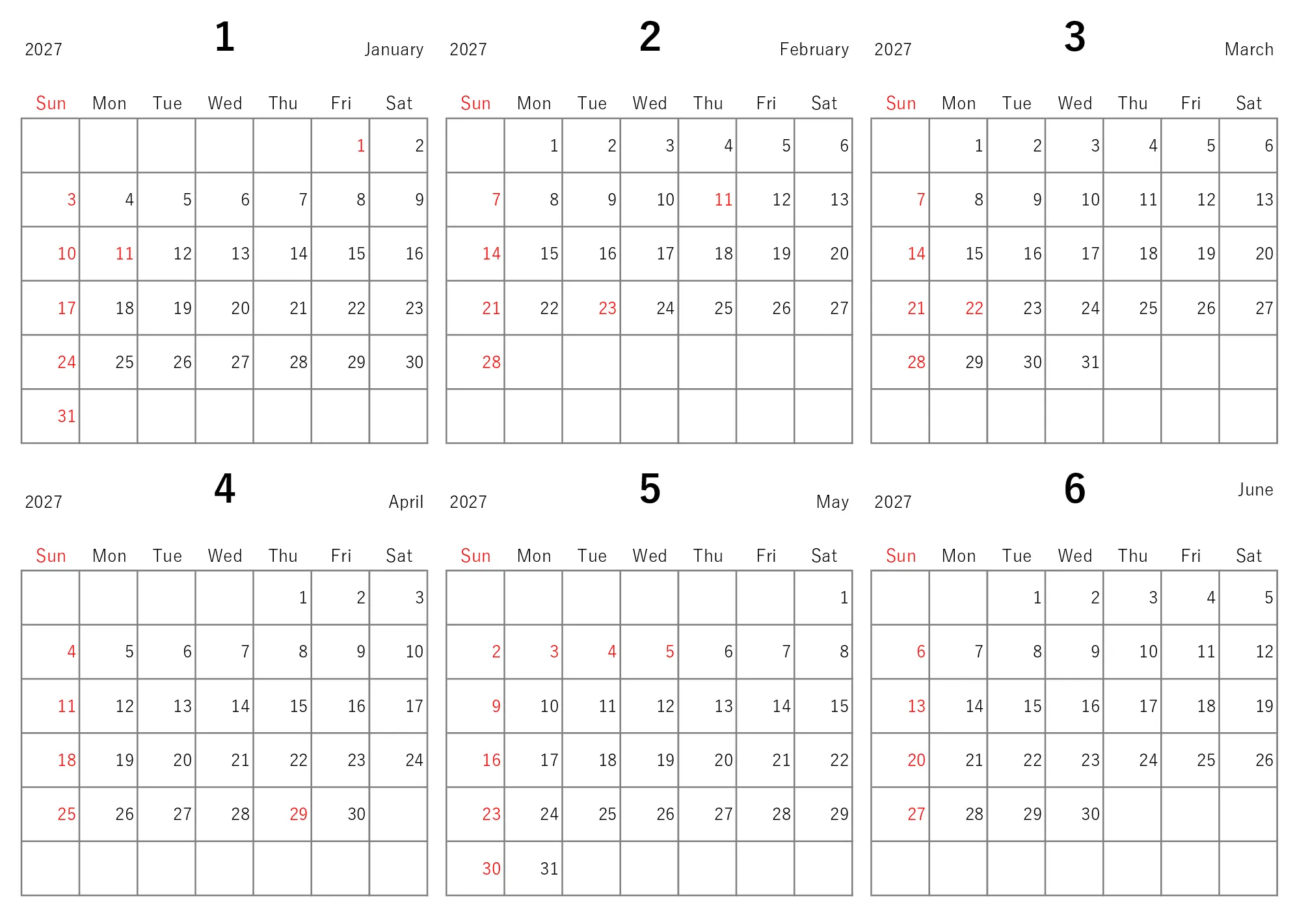 2027年 年間カレンダー（会社の年間予定表・基本）Excelテンプレートのプレビュー