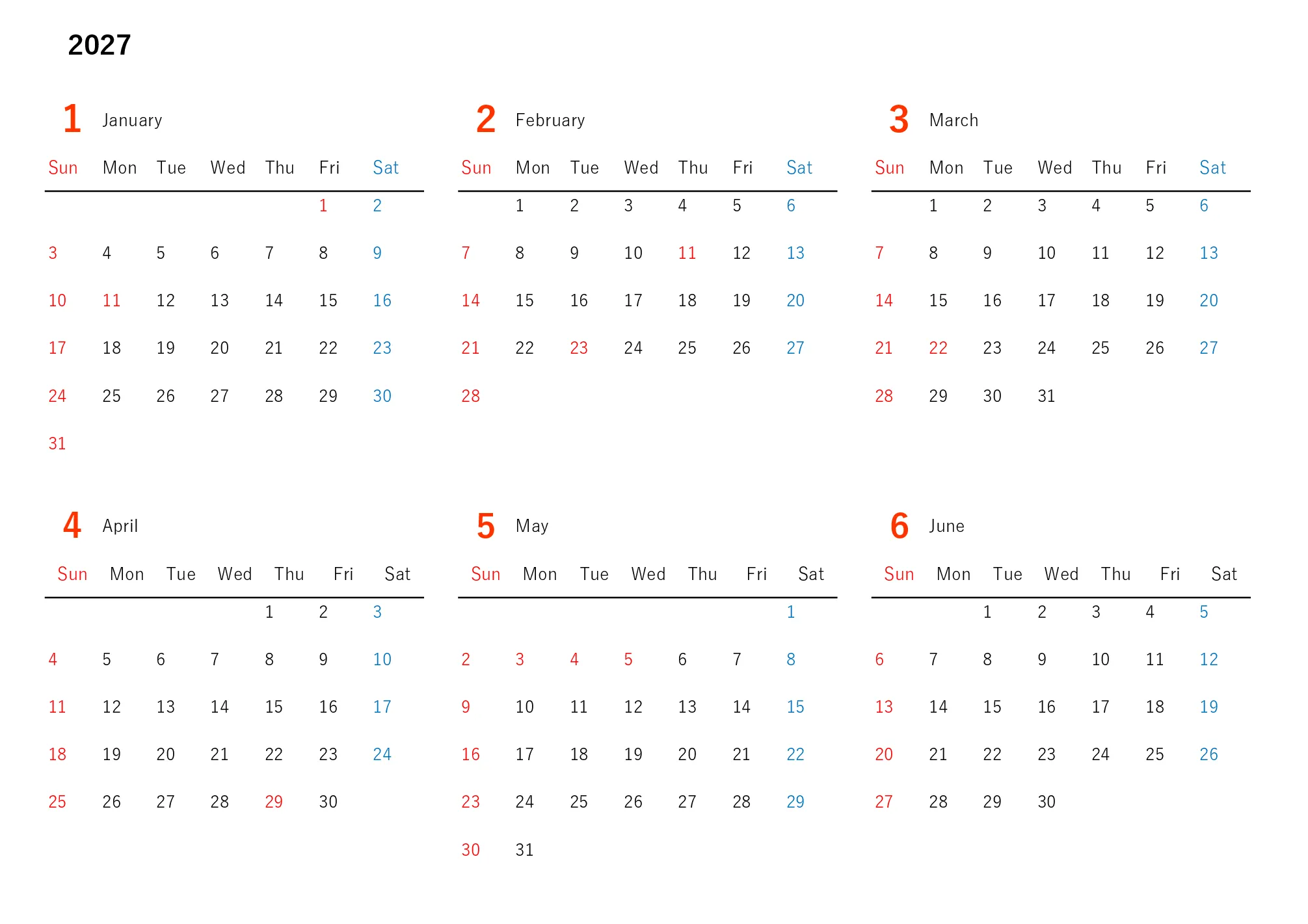 2027年 年間カレンダー（年間計画・プロジェクト向け）Excelテンプレートのプレビュー