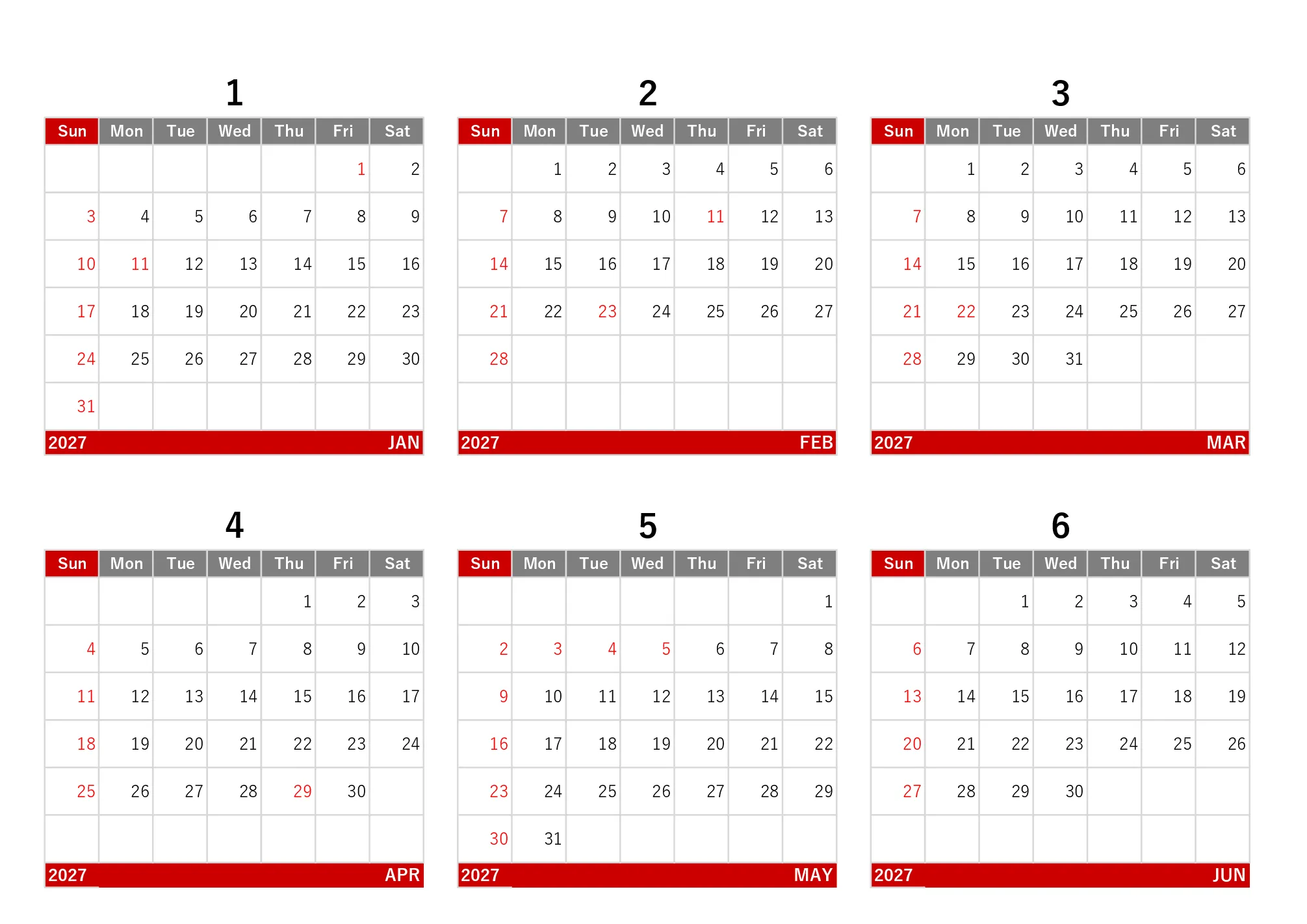2027年 年間カレンダー（印刷向き・掲示/配布）Excelテンプレートのプレビュー