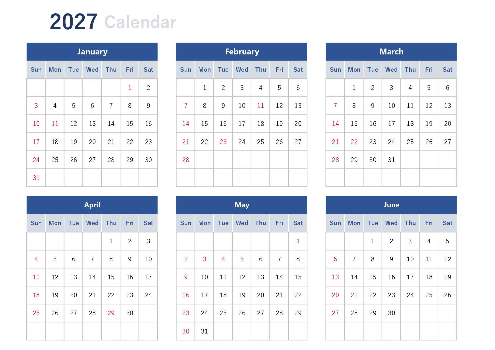 2027年 年間カレンダー（シンプル・年間の見通し）Excelテンプレートのプレビュー
