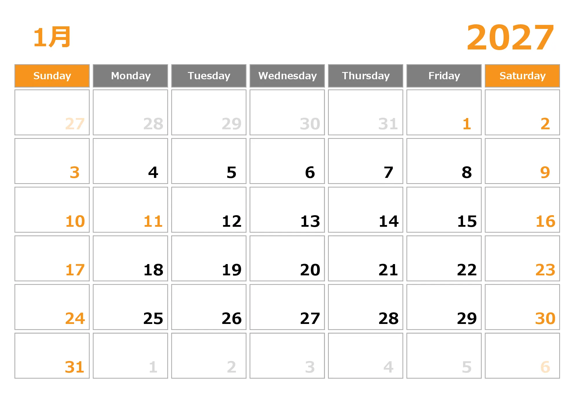 2027年 月別カレンダー（祝日くっきり・休日が見やすい）Excelテンプレートのプレビュー