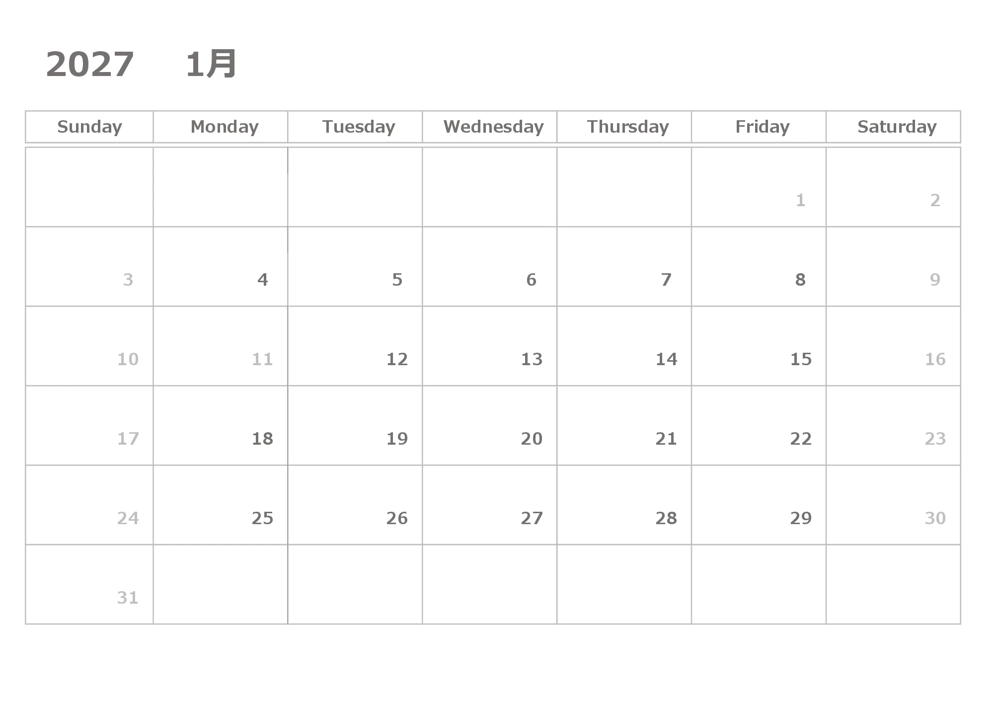 2027年 月別カレンダー（壁掛け・印刷向き）Excelテンプレートのプレビュー