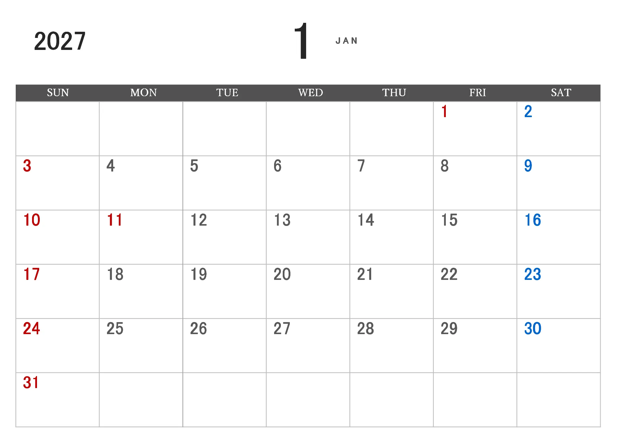 2027年 月別カレンダー（祝日強調・休日管理向き）Excelテンプレートのプレビュー