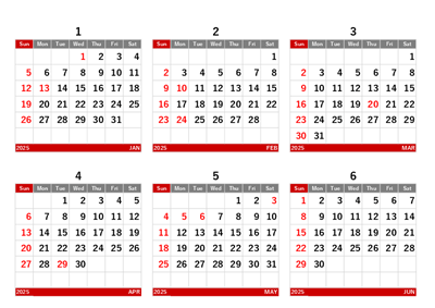 2025年年間カレンダーExcel(年間予定表04)印刷用テンプレート
