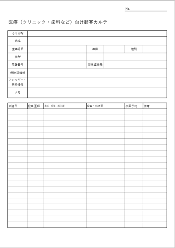 クリニック(医療)向け顧客カルテ テンプレート(Excel形式)のプレビュー