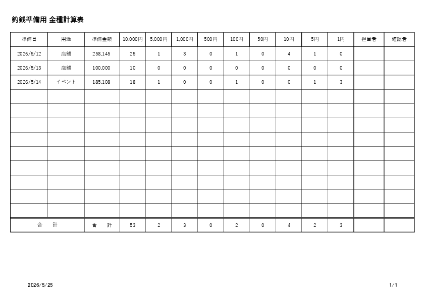 店舗やイベントの釣銭準備に使える金種計算表エクセルテンプレート