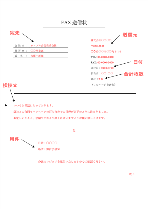 FAX送信状の書き方サンプル