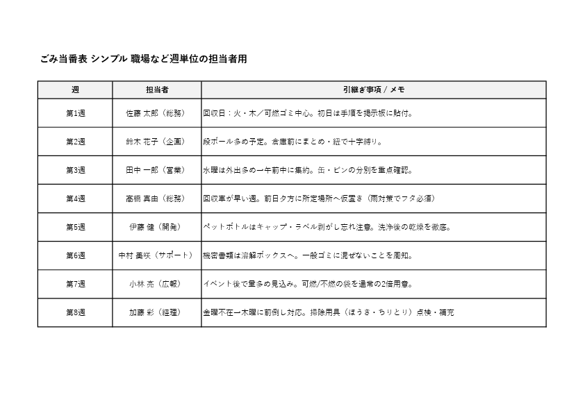 職場用ごみ当番表テンプレート(A4横・シンプル・Excel・PDF)