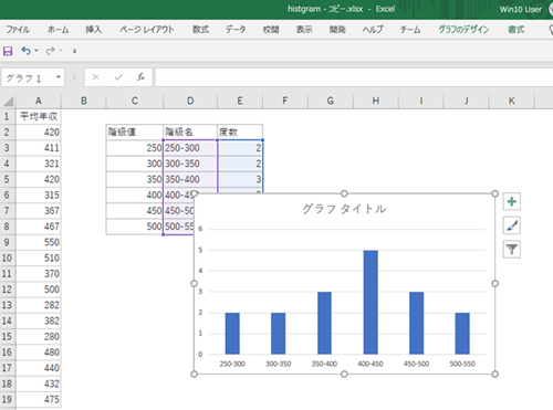 エクセルでヒストグラムグラフを挿入する手順