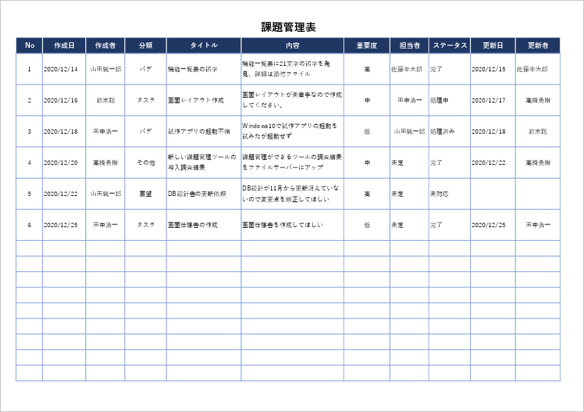 課題管理表のエクセルテンプレート