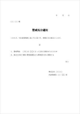 懲戒処分 通知 辞令 テンプレート(降格処分・Word)