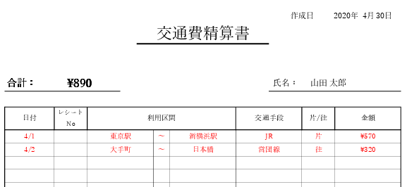 交通費精算書 記入例 サンプル|交通費申請書の書き方イメージ