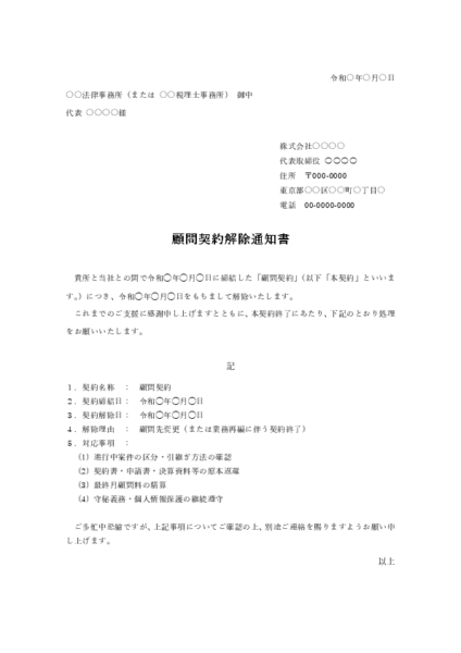 顧問契約解除通知書テンプレート プレビュー(進行案件の切り分け・資料返還・最終報酬の記載例)