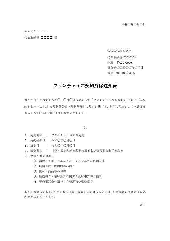 フランチャイズ契約解除通知書テンプレート プレビュー