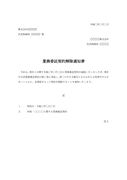業務委託契約解除通知書テンプレート プレビュー(催告履歴・成果物返還・精算条件の記載例)