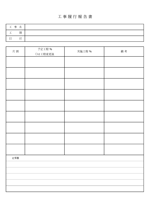 工事履行報告書（進捗）Excelテンプレートのプレビュー