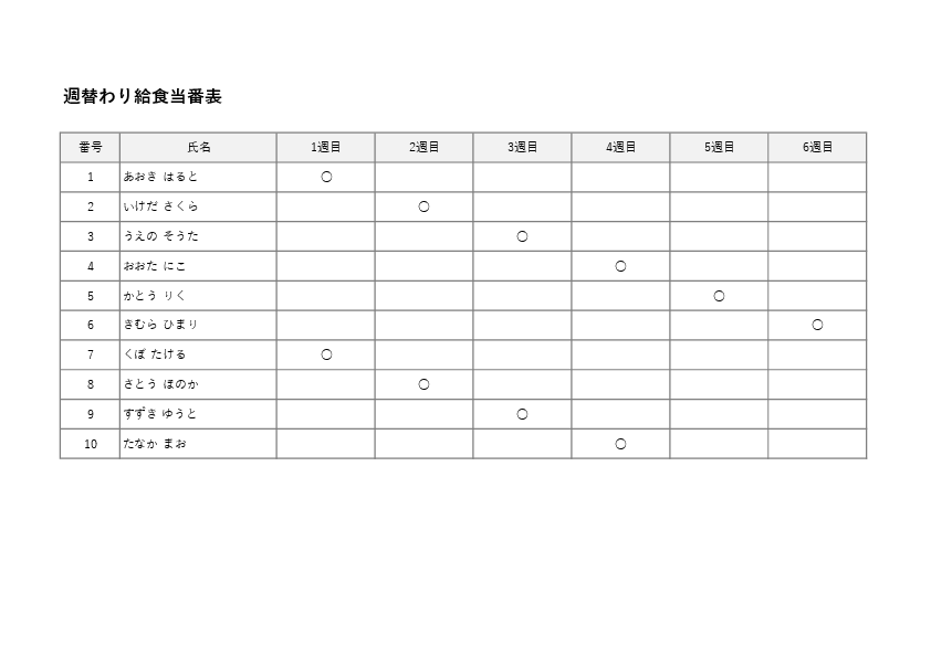 給食当番表テンプレート 週替わりローテーション A4横 Excel・PDF