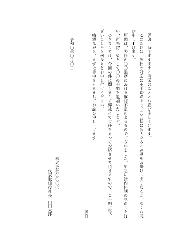 【ビジネス文書見本】汎用のお詫び状テンプレート(会社から個人宛)