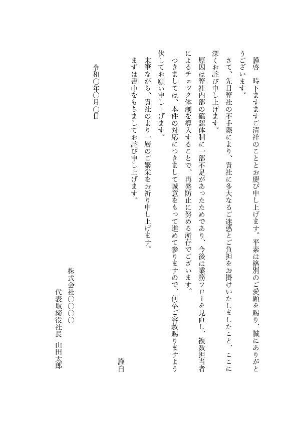 【ビジネス文書見本】汎用のお詫び状テンプレート(会社宛・縦書きフォーマル)