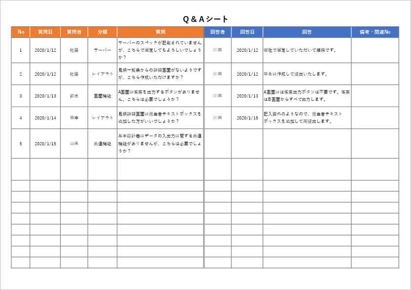 Q&Aシートのエクセルテンプレート