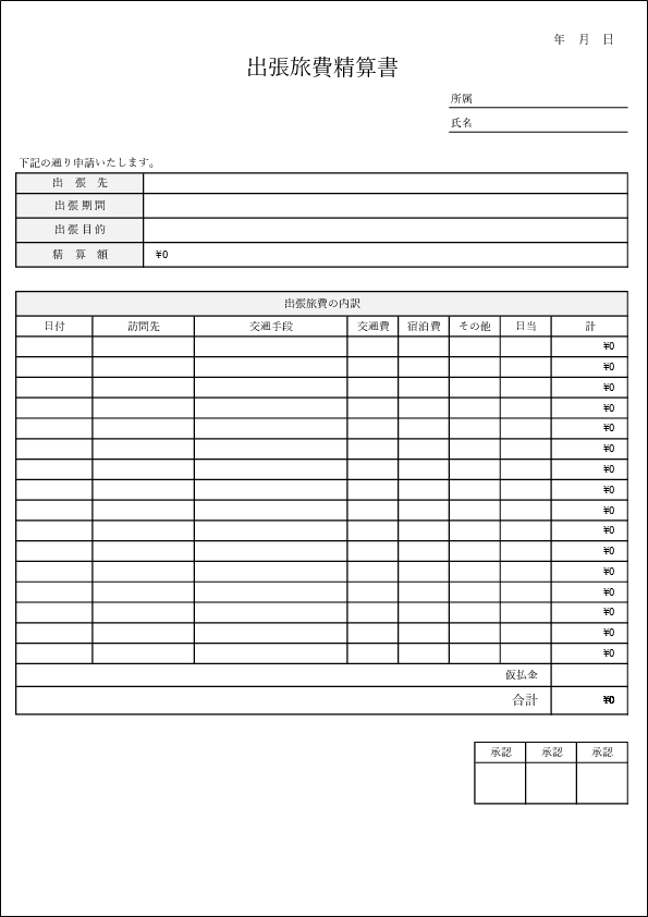 出張旅費精算書テンプレート03