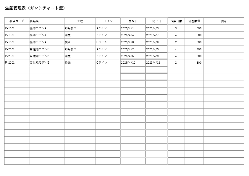 ガントチャート型 生産計画表テンプレート(Excel・PDF)のプレビュー画像