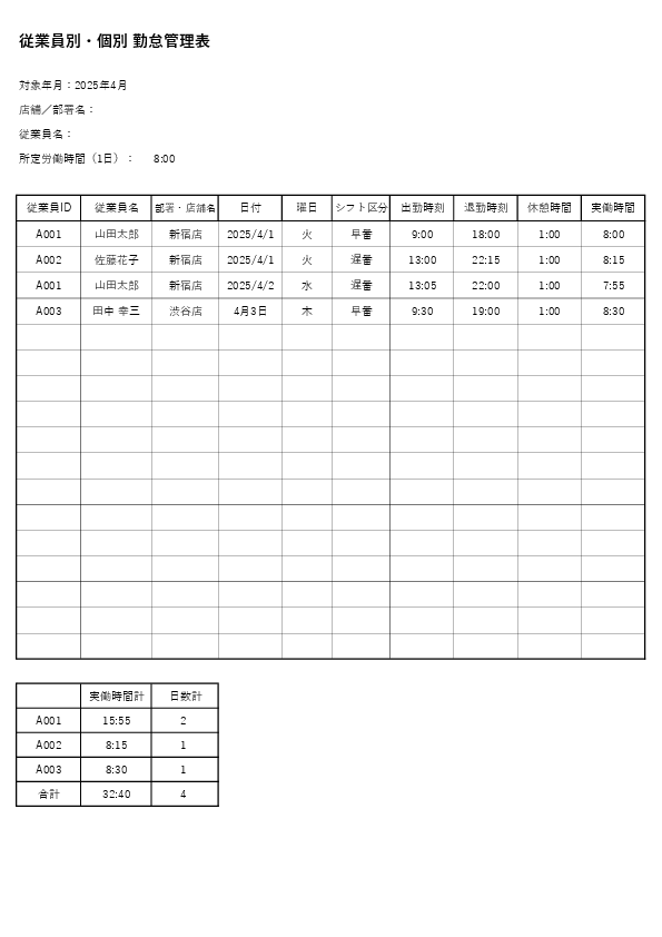 シフト制 勤怠管理表(従業員別・個別管理)(Excel)