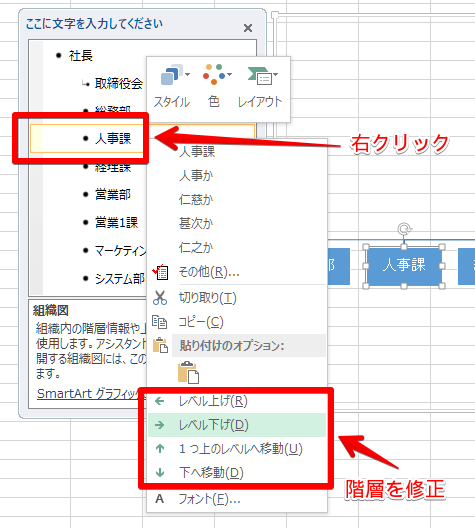 SmartArtのテキスト部分から階層の修正を行う操作画面