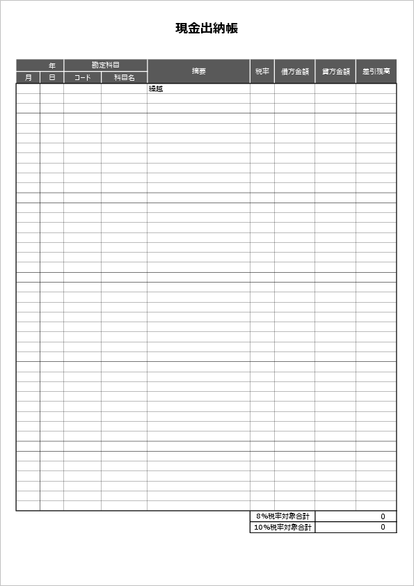 現金出納帳テンプレート02