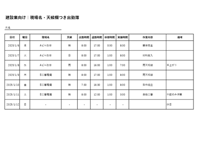 建設業向け出勤簿テンプレート（現場名・天候欄付き・Excel／PDF／スプレッドシート）