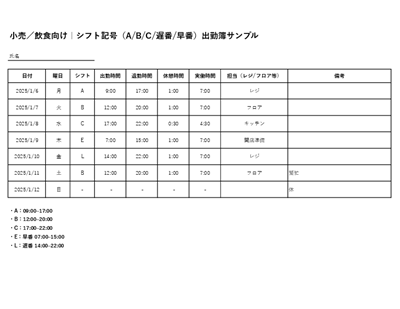 小売・飲食向け出勤簿テンプレート（シフト記号管理・Excel／PDF／スプレッドシート）